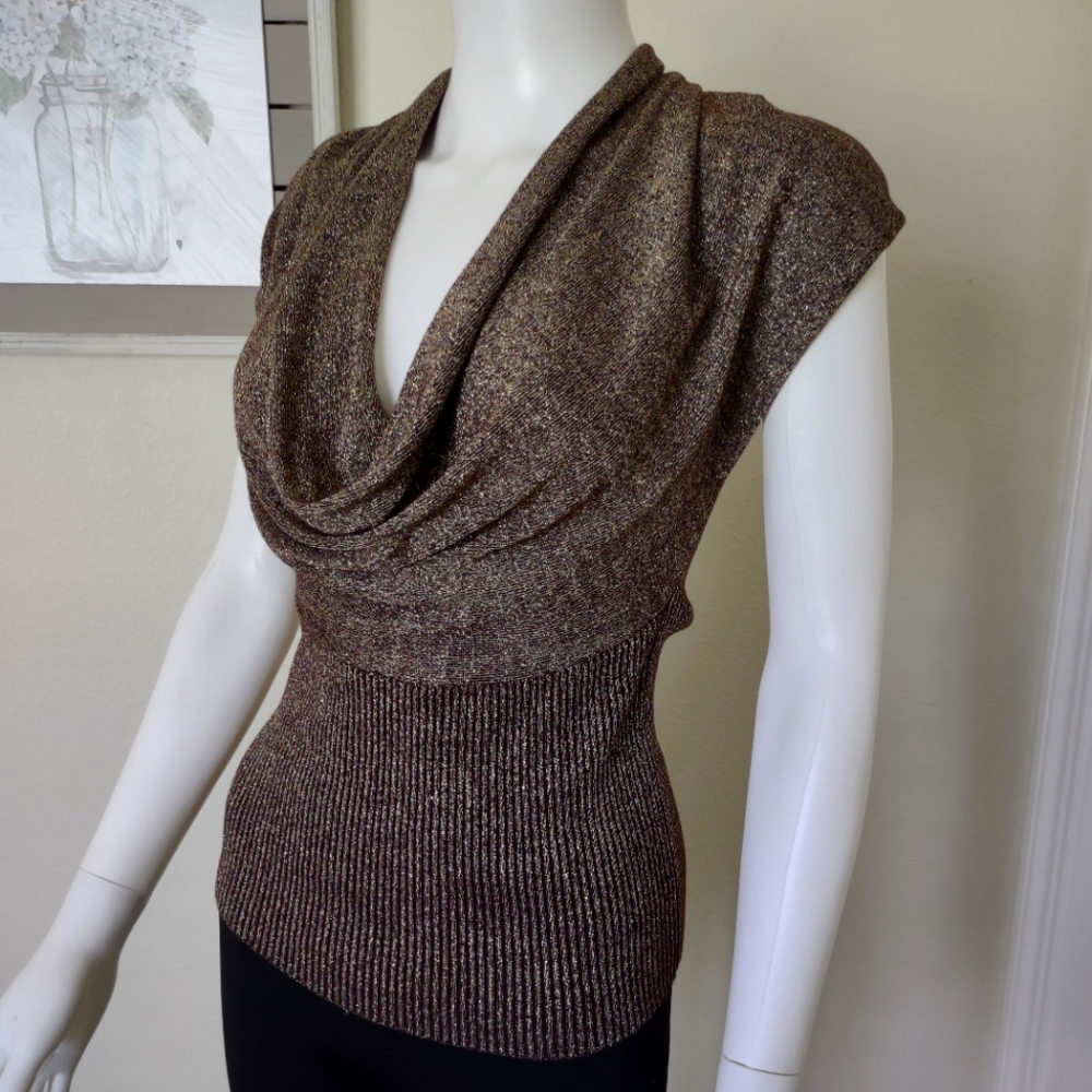Cyrus Metallic Gold/Black Cowl Neck Special Occasion Top SzL EUC